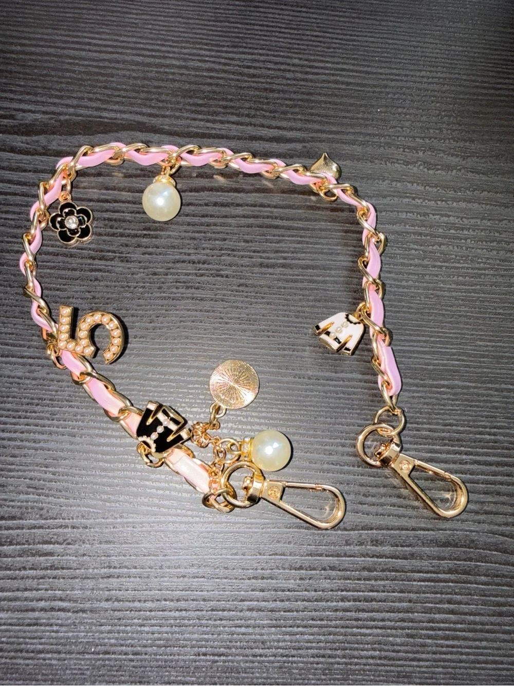 Gold & Pink #5 Charm Phone Chain with Pearls and Floral Accents